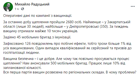 Вакцина CoviShield вызвала более ста случаев побочных эффектов в Украине, один человек госпитализирован. Скриншот: Фейсбук